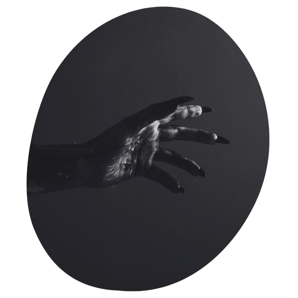 An outstretched creepy hand with blood and claws